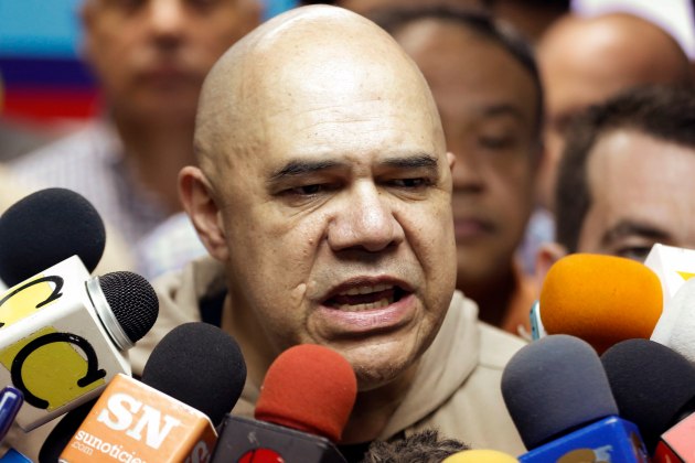 Jesus Torrealba, secretary of the Venezuelan coalition of opposition parties (MUD), speaks during a news conference in Caracas