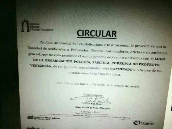 Con esta circular amenazan a atletas de Villa Olímpica si usan ropa con logo de Proyecto Venezuela
