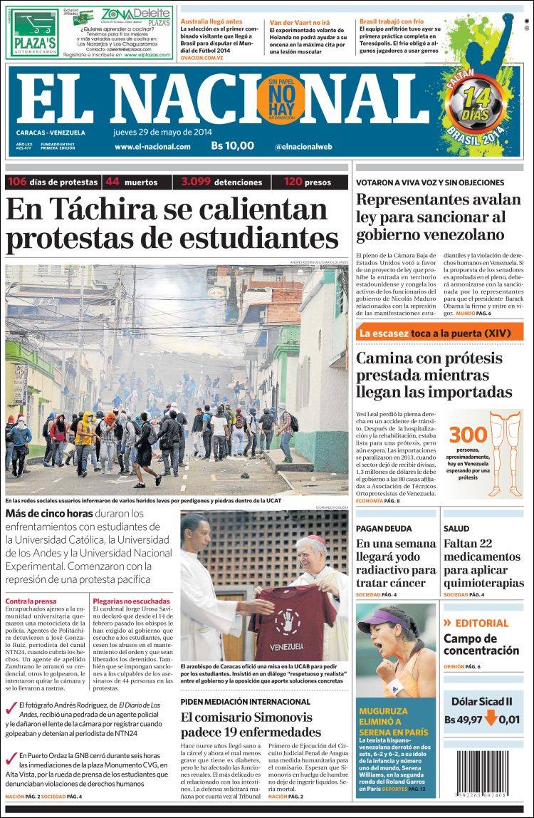 Portadas del jueves 29 de mayo de 2014