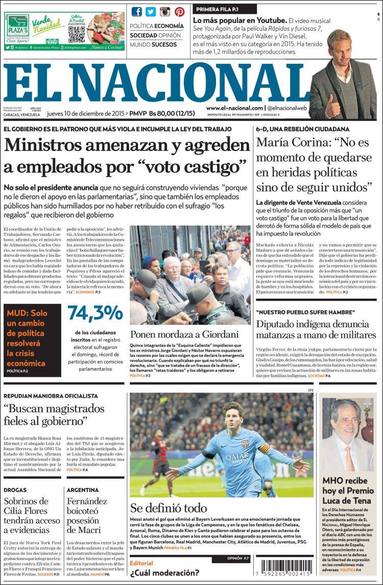 Portadas de este jueves 10 de diciembre de 2015