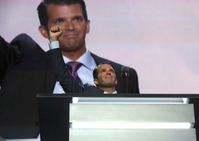Donald Trump's son Donald Trump Jr. gestures during the second session at the Republican National Convention in Cleveland, Ohio, U.S. July 19, 2016. REUTERS/Mike Segar
