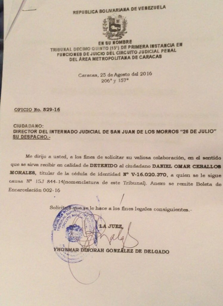 La orden de la juez para detener nuevamente a Daniel Ceballos (imagen)