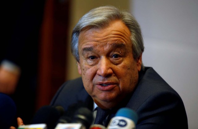 U.N. Secretary-General Antonio Guterres addresses a news conference on the sides of the 28th Ordinary Session of the Assembly of the Heads of State and the Government of the African Union in Ethiopia's capital Addis Ababa January 30, 2017. REUTERS/Tiksa Negeri