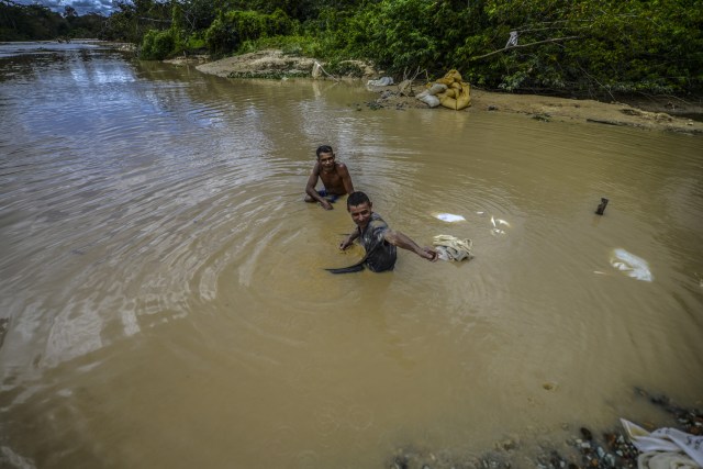 Men work at Nacupay gold mine on the banks of a river in El Callao, Bolivar state, southeastern Venezuela on February 24, 2017. Although life in the mines of eastern Venezuela is hard and dangerous, tens of thousands from all over the country head for the mines daily in overcrowded trucks, pushed by the rise in gold prices and by the severe economic crisis affecting the country, aggravated recently by the drop in oil prices. / AFP PHOTO / JUAN BARRETO / TO GO WITH AFP STORY by Maria Isabel SANCHEZ