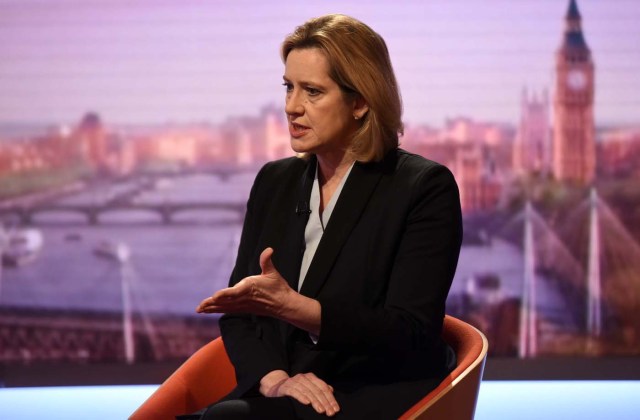 Britain's Home Secretary Amber Rudd is seen appearing on the BBC's Andrew Marr Show in this photograph received via the BBC in London, Britain March 26, 2017. Jeff Overs/BBC/Handout via REUTERS - ATTENTION EDITORS - THIS IMAGE WAS SUPPLIED BY A THIRD PARTY. FOR EDITORIAL USE ONLY. NO RESALES. NO ARCHIVES. FOR EDITORIAL USE ONLY. NOT FOR SALE FOR MARKETING OR ADVERTISING CAMPAIGNS. THIS IMAGE HAS BEEN SUPPLIED BY A THIRD PARTY. IT IS DISTRIBUTED, EXACTLY AS RECEIVED BY REUTERS, AS A SERVICE TO CLIENTS