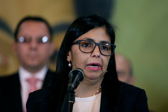 Venezuela's Foreign Minister Delcy Rodriguez talks to the media during a news conference in Caracas, Venezuela March 15, 2017. REUTERS/Marco Bello