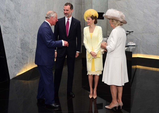 Britain's Prince Charles and Camilla, Duchess of Cornwall greet Spain's King Felipe and Queen Letizia at their hotel in London, Britain July 12, 2017. REUTERS/Hannah McKay