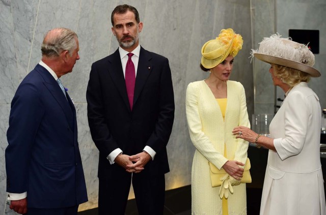 Britain's Prince Charles and Camilla, Duchess of Cornwall greet Spain's King Felipe and Queen Letizia at their hotel in London, Britain July 12, 2017. REUTERS/Hannah McKay