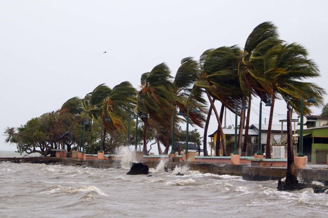 Winds lash the coastal city of Fajardo as Hurricane Maria approaches Puerto Rico, on September 19, 2017.  Maria headed towards the Virgin Islands and Puerto Rico after battering the eastern Caribbean island of Dominica, with the US National Hurricane Center warning of a "potentially catastrophic" impact. / AFP PHOTO / Ricardo ARDUENGO