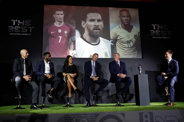 Soccer Football - The Best FIFA Football Awards - Finalists Announcement - London, Britain - September 22, 2017 Roberto Di Matteo, Jay-Jay Okocha, Alex Scott, Andriy Shevchenko and Peter Shilton during the Finalists Announcement at The Best FIFA Football Awards Action Images via Reuters/John Sibley