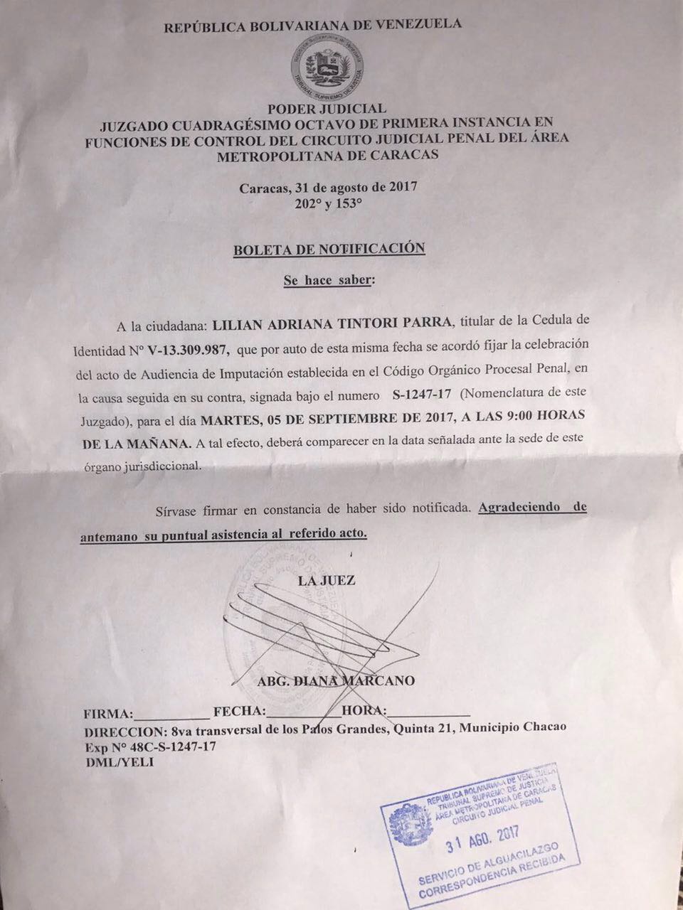 Esta es la notificación de audiencia de imputación que recibió Lilian Tintori (DOCUMENTO)