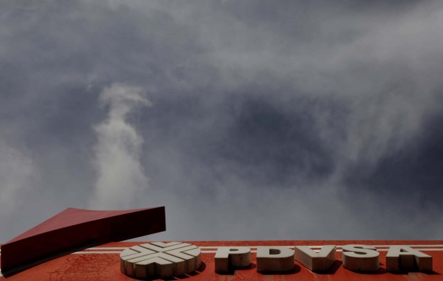 The corporate logo of the state oil company PDVSA is pictured at a gas station in Caracas, Venezuela, October 10, 2017. Picture taken October 10, 2017. REUTERS/Ricardo Moraes