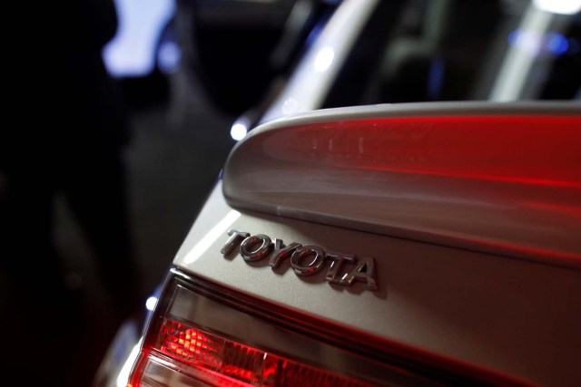 The logo of Toyota Motor Corp. is seen on a company's Corolla car in Caracas, Venezuela October 25, 2017. REUTERS/Marco Bello