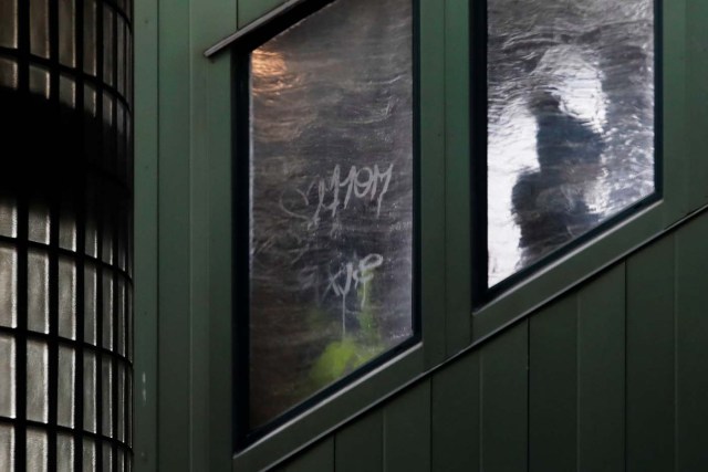 A woman is seen in silhouette through an ice covered window of a subway staircase in Queens, New York, U.S. January 2, 2018. REUTERS/Shannon Stapleton