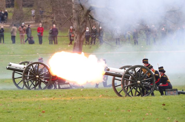 Members of the King’s Troop Royal Horse Artillery fire a 41 gun salute to mark the 66th anniversary of Britain's Queen Elizabeth's accession to the throne, in Green Park, London, February 6, 2018. REUTERS/Hannah McKay