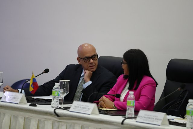 Venezuela's Communications and Information Minister Jorge Rodriguez, President of Venezuela's National Constitutional Assembly Delcy Rodriguez attend a meeting in Santo Domingo, Dominican Republic February 6, 2018. REUTERS/Ricardo Rojas