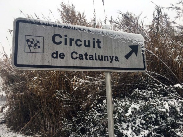 F1 Formula One - Formula One Test Session - Circuit de Barcelona-Catalunya, Montmelo, Spain - February 28, 2018 The sign of the Montmelo circuit covered in snow REUTERS/Alan Baldwin