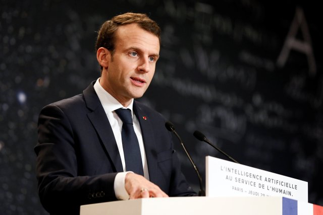 French President Emmanuel Macron delivers a speech during the Artificial Intelligence for Humanity event in Paris, France, March 29, 2018. Etienne Laurent/Pool via Reuters