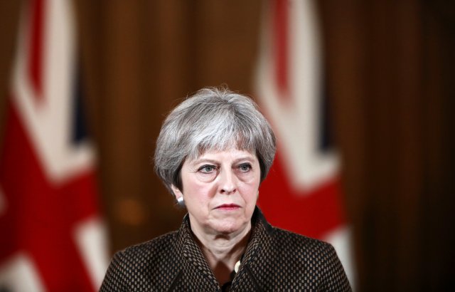 Britain's Prime Minister Theresa May attends a press conference in 10 Downing Street, London, April 14, 2018. REUTERS/Simon Dawson/Pool