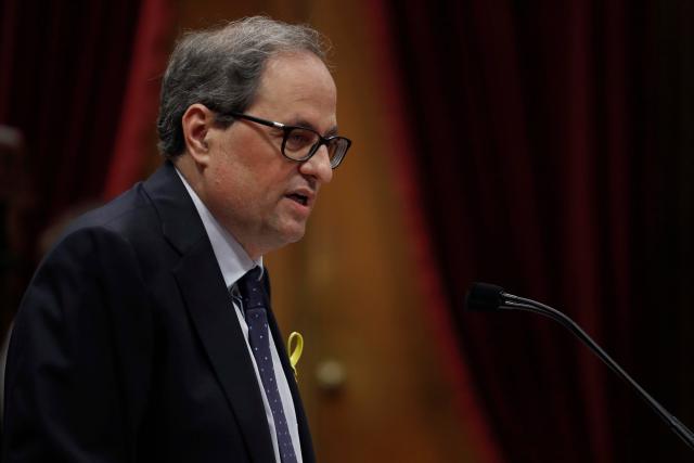 Quim Torra, el candidato propuesto por el exlíder catalán Carles Puigdemont para dirigir el gobierno regional catalán, pronuncia su discurso durante un debate de investidura en el parlamento regional de Barcelona, ??España, el 12 de mayo de 2018. REUTERS / Juan Medina 