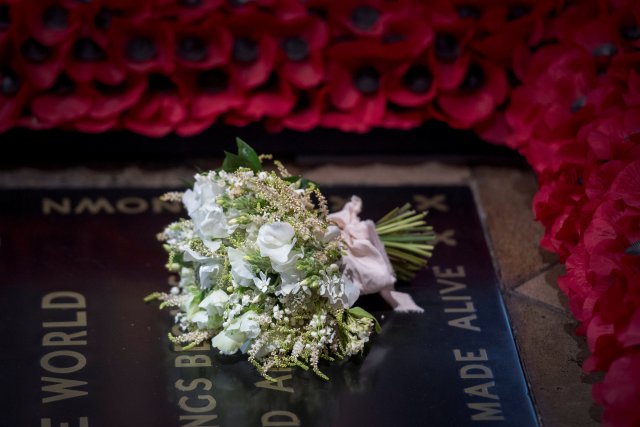 Meghan Markle's wedding bouquet lies on the grave of the Unknown Warrior in the west nave of Westminster Abbey, London, Britain May 20, 2018. Victoria Jones/Pool via Reuters