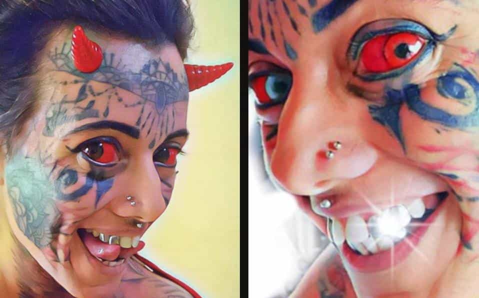 Mujer causa impacto en las redes tras tatuarse los ojos rojos y ponerse cuernos (FOTOS)