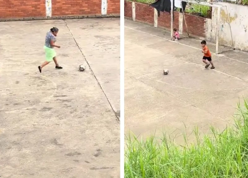 El VIDEO más tierno que verás: abuelita juega fútbol con su nieto y se hace VIRAL